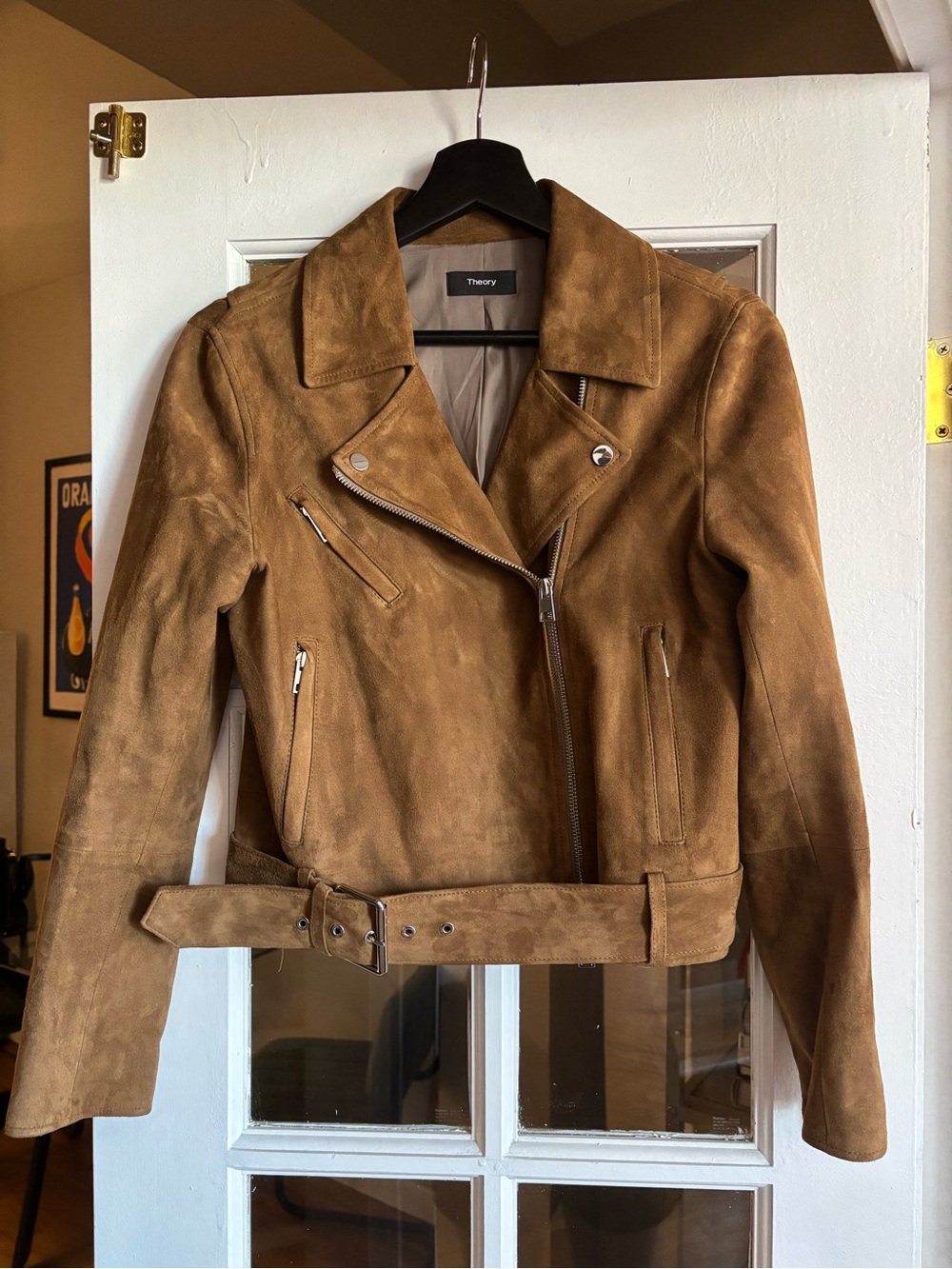 Theory Tan Suede Moto Jacket with Belt